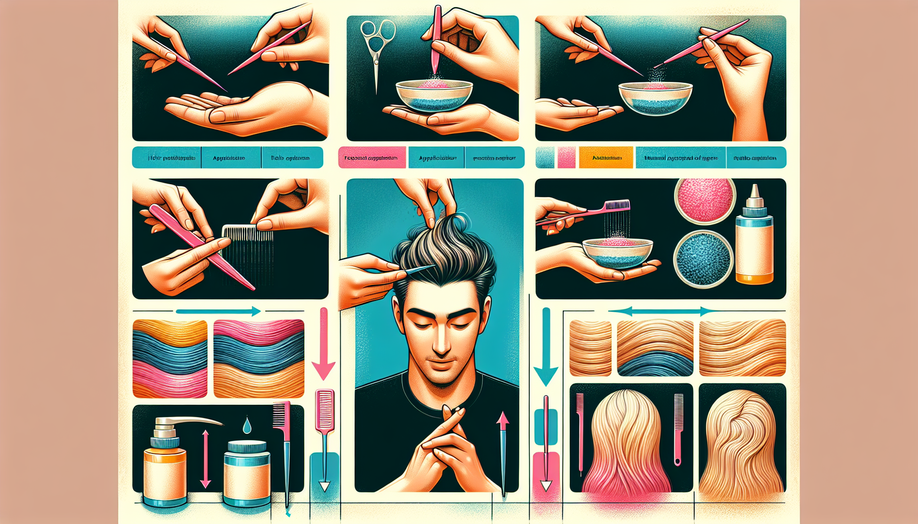 Illustration depicting various application techniques for hair building fibers.