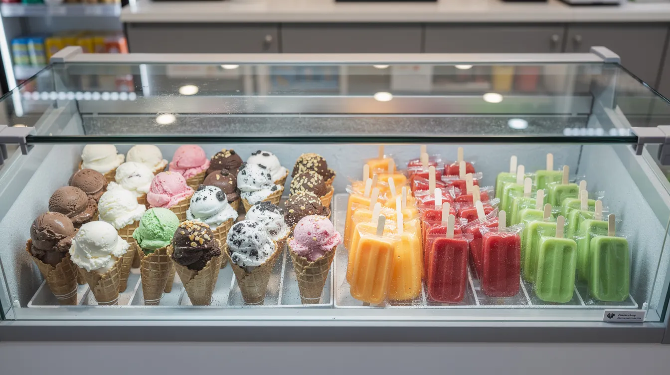 564676b5 d5a5 47cb bc99 c9c3aafa1078 The image shows a glass-fronted chest freezer filled with various ice cream cones and sticks, showcasing an array of flavors and options available in a retail shop. This vibrant display highlights the ice cream industry’s focus on product innovation and customer demand for frozen desserts.