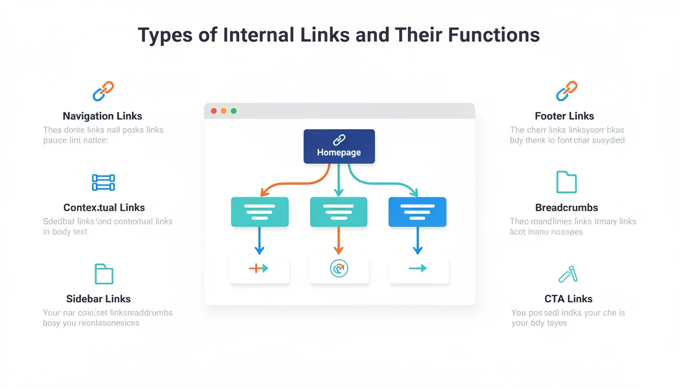 The image illustrates various types of internal links and their functions within a website's architecture, emphasizing how these links help users and search engines navigate through pages. It highlights the importance of a solid internal linking strategy in distributing link equity and enhancing the site's SEO performance.