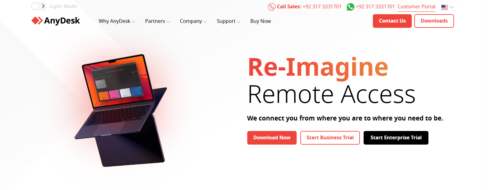 AnyDesk homepage featuring secure remote desktop software, fast remote access, and cross-platform connectivity for businesses and IT support