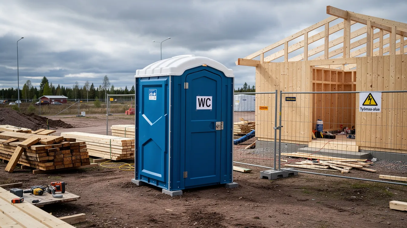 Kuvassa näkyy siirrettävä wc-koppi rakennustyömaalla puutalon vieressä. Taustalla erottuu myös Helsingin kaupunkimaisemaa, ja ympärillä on rakennustarvikkeita.