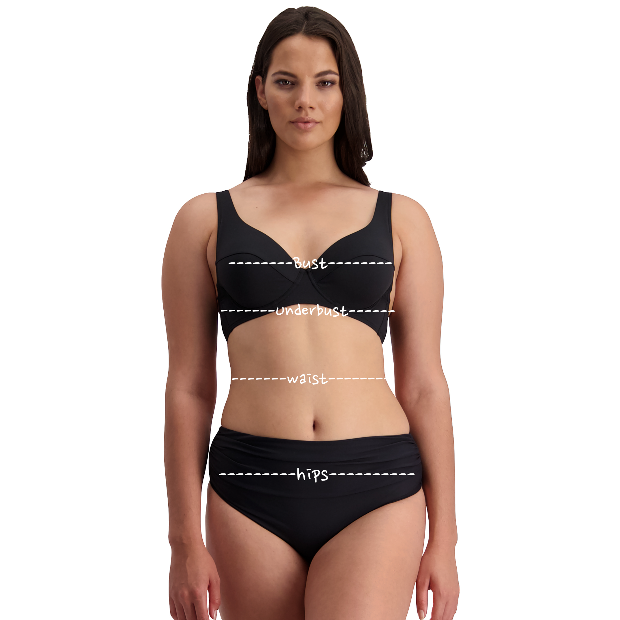 Size chart small waist larger bust natural figure in black bikini