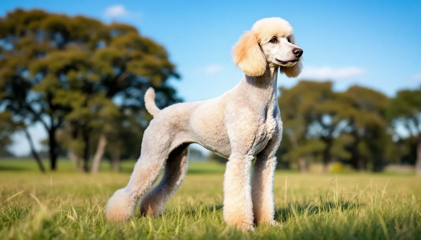 A standard poodle stands alert in a natural outdoor setting, showcasing its athletic build and distinctive curly coat. The dog exudes confidence and intelligence, typical of the breed
