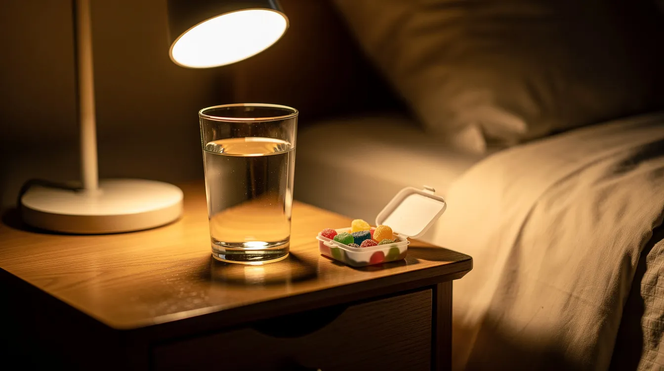 A cozy bedside table features two wonder sleep mushroom gummies in a sugar-free option, placed next to a glass of water and a dim reading lamp, creating a serene nighttime routine for improved sleep quality. The scene suggests a focus on restful sleep and stress relief, perfect for those seeking deeper rest and sweet dreams.