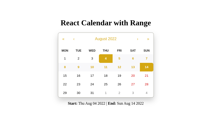 React calendar with date range