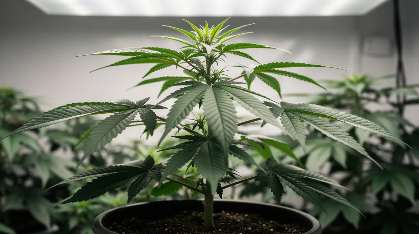 La imagen muestra una planta de cannabis sana en fase de crecimiento, con hojas robustas y una estructura firme. La planta está bien nutrida, lo que indica que la fertilización ha sido eficaz.