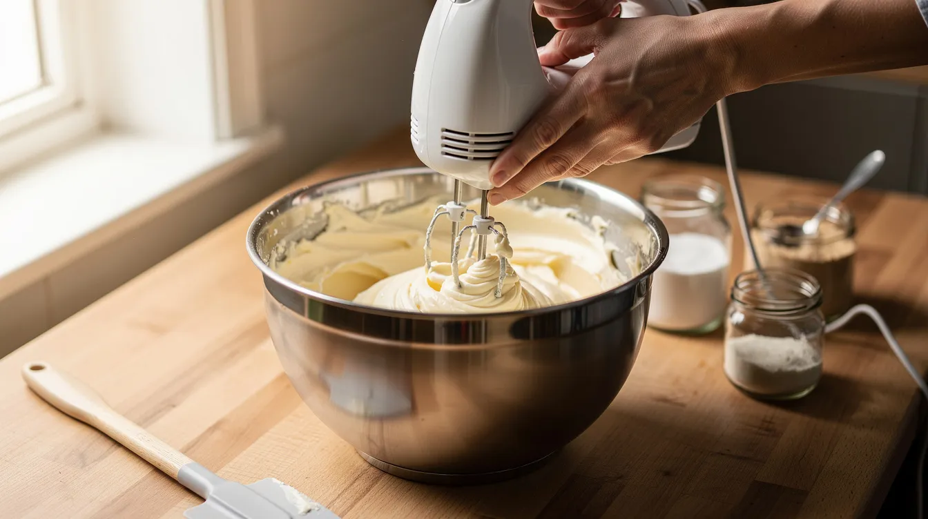 Two hands are using a hand mixer to whip creamy, pale butter in a stainless steel mixing bowl, with small jars and a spatula placed nearby, suggesting the preparation of a rich moisturizer like whipped shea butter. The scene captures the process of creating a body butter, emphasizing the creamy texture and the tools needed for blending ingredients.