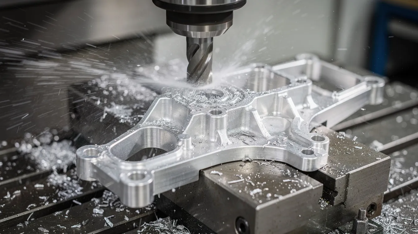 A close-up view of a 5-axis CNC milling machine actively cutting an aluminum aerospace bracket, with coolant visibly spraying to maintain precision during the machining process. This image highlights the advanced CNC technology and precision machining tools used to achieve tight tolerances in high-quality aerospace components.