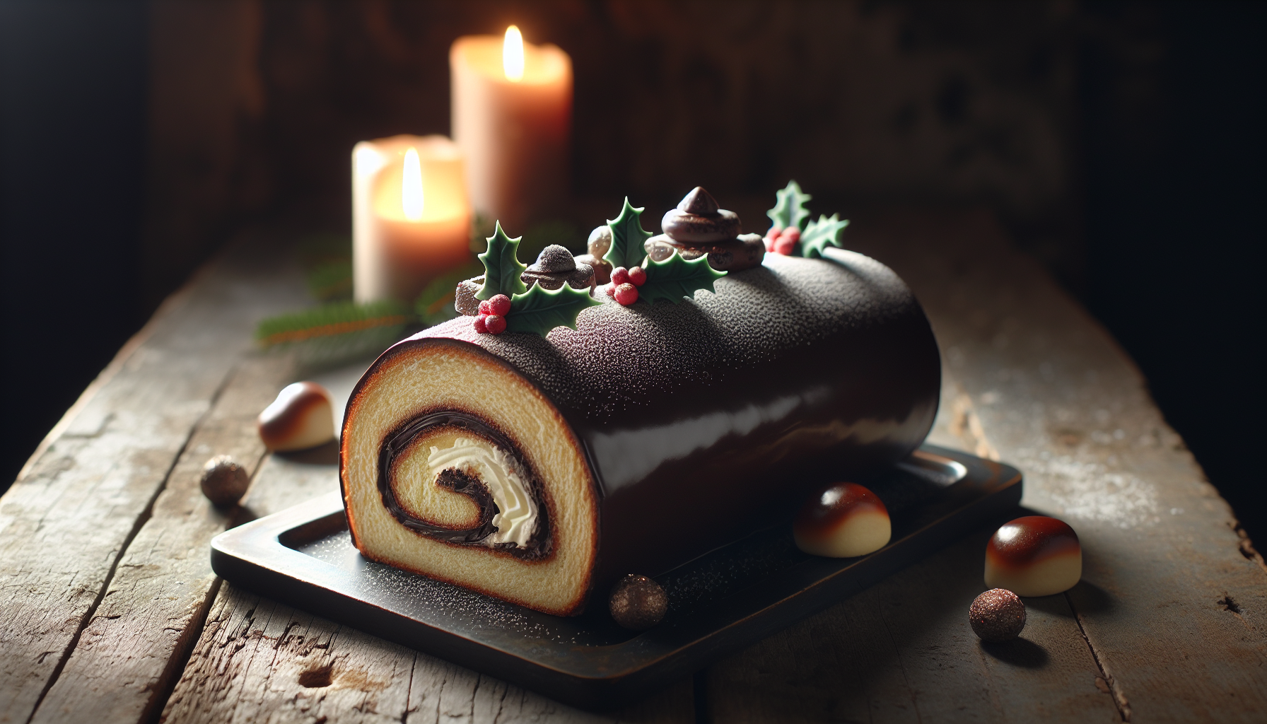 Bûche de Noël, a rolled sponge cake filled with cream and covered in chocolate ganache, a classic French Yule Log Cake