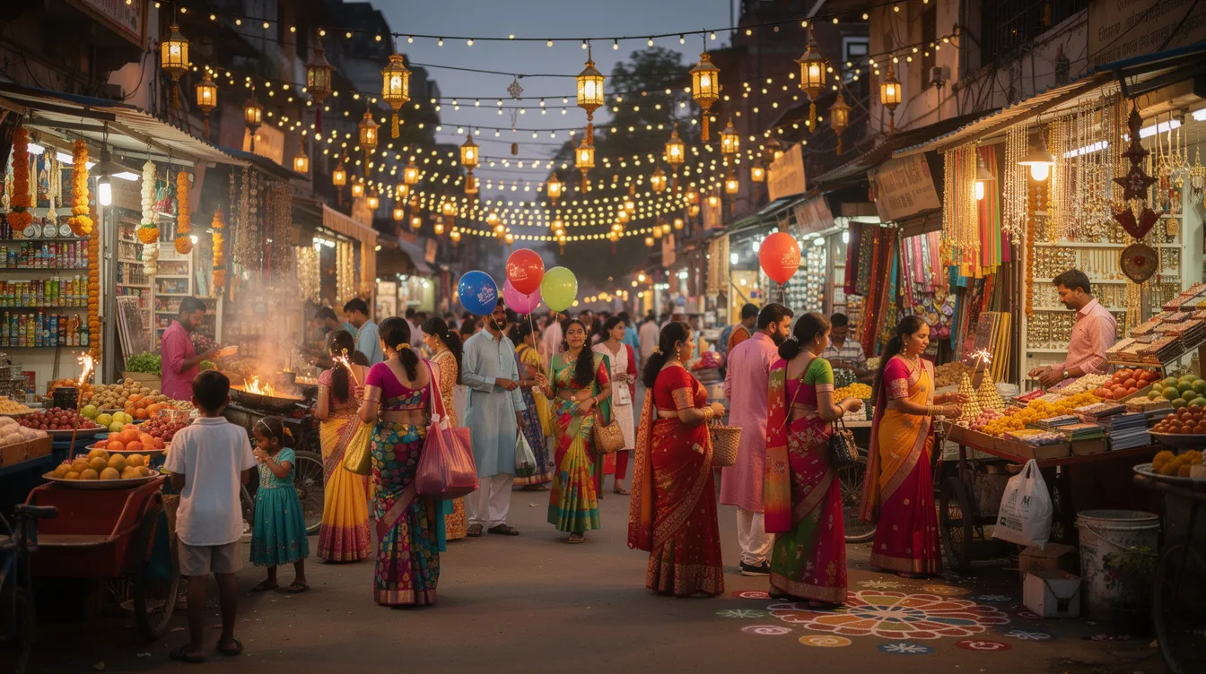 565c06d9 0aea 42b5 8ffb c17e57072c24 The image depicts a vibrant and bustling marketplace filled with colorful shops adorned with festive lights during an Indian festival. The atmosphere is lively, showcasing small business owners and micro enterprises engaged in various activities, reflecting the spirit of community and celebration.