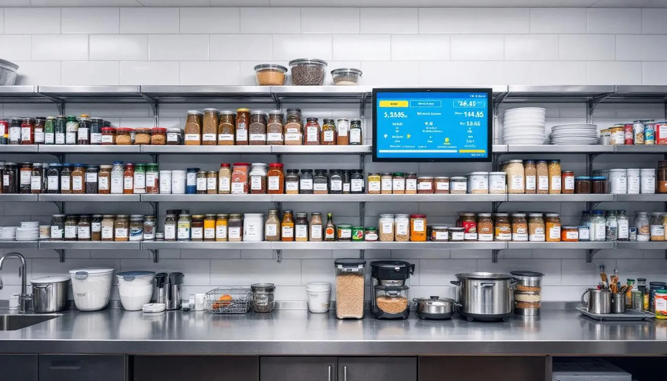 An organized restaurant kitchen showcases efficient food storage and inventory management systems, highlighting the importance of effective hotel inventory management. The setup ensures accurate tracking of stock levels and reduces food waste, contributing to operational efficiency in the hospitality industry.