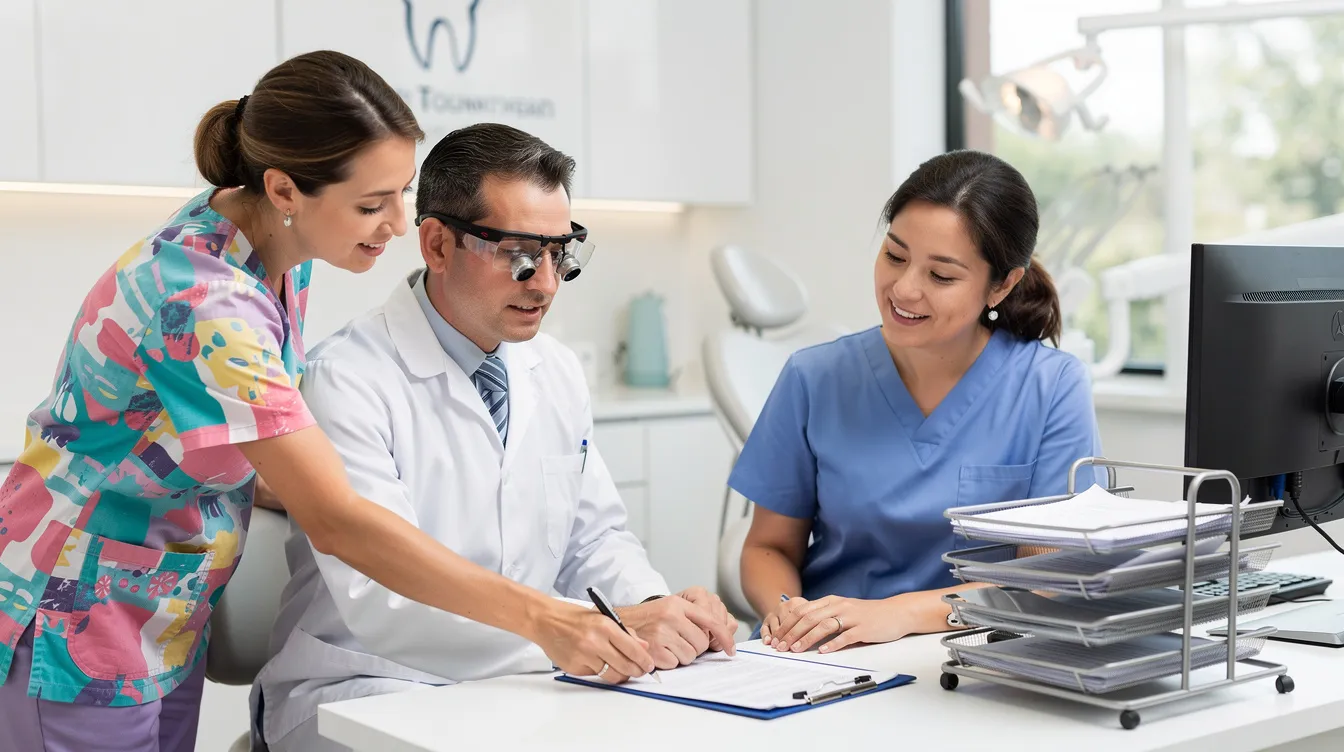 A dental office team is gathered around a table, reviewing paperwork related to insurance claims and aging reports. They are discussing outstanding claims and the status of past due accounts, focusing on managing the cash flow for their dental practice.