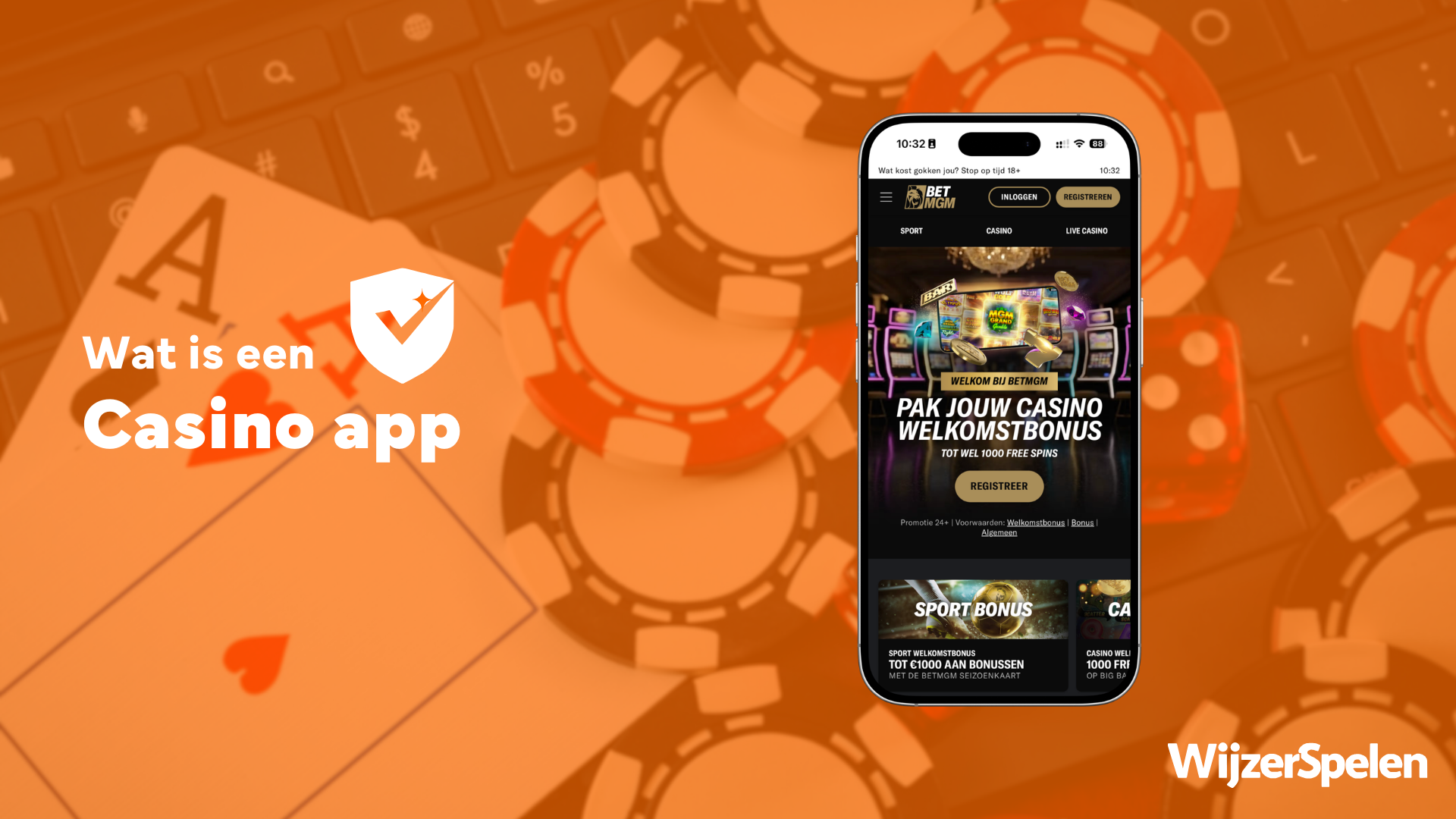 Illustratie over een casino app op smartphone, voorbeeld van een legale online casino app voor iOS en Android die je kunt downloaden via de Apple App Store of Google Play Store, met toegang tot online casino spellen, live casino spellen en exclusieve bonussen voor mobiele spelers in Nederland.