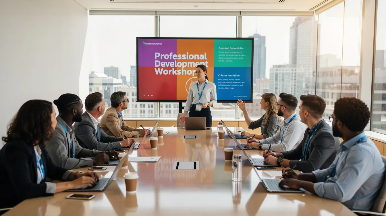 Ein Team von Mitarbeitenden nimmt an einem professionellen Schulungsworkshop teil, um den Umgang mit künstlicher Intelligenz (KI) und deren Anwendungen in kleinen und mittleren Unternehmen (KMU) zu erlernen. Die Teilnehmer diskutieren Strategien zur Integration von KI-Tools in ihren Arbeitsalltag und erkunden die Chancen, die diese Technologien bieten.