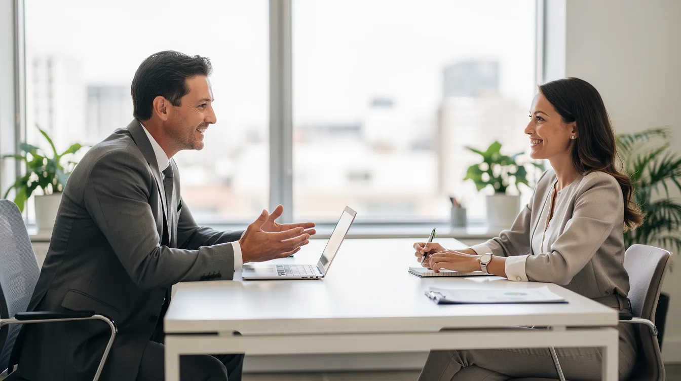 A business owner is engaging in a conversation with a satisfied client in a clean, modern office setting, highlighting the importance of strong customer relationships for sustainable growth. This interaction reflects a successful business growth strategy aimed at enhancing customer experience and increasing revenue through effective communication.