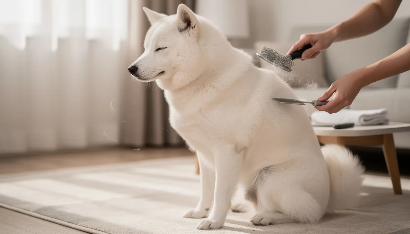 A Kishu Ken, an ancient Japanese breed known for its strong hunting instincts, is being gently brushed during a grooming routine, showcasing its double coat and curled tail. This medium-sized dog, often considered an excellent companion for active families, enjoys frequent brushing to maintain its well-being and health.