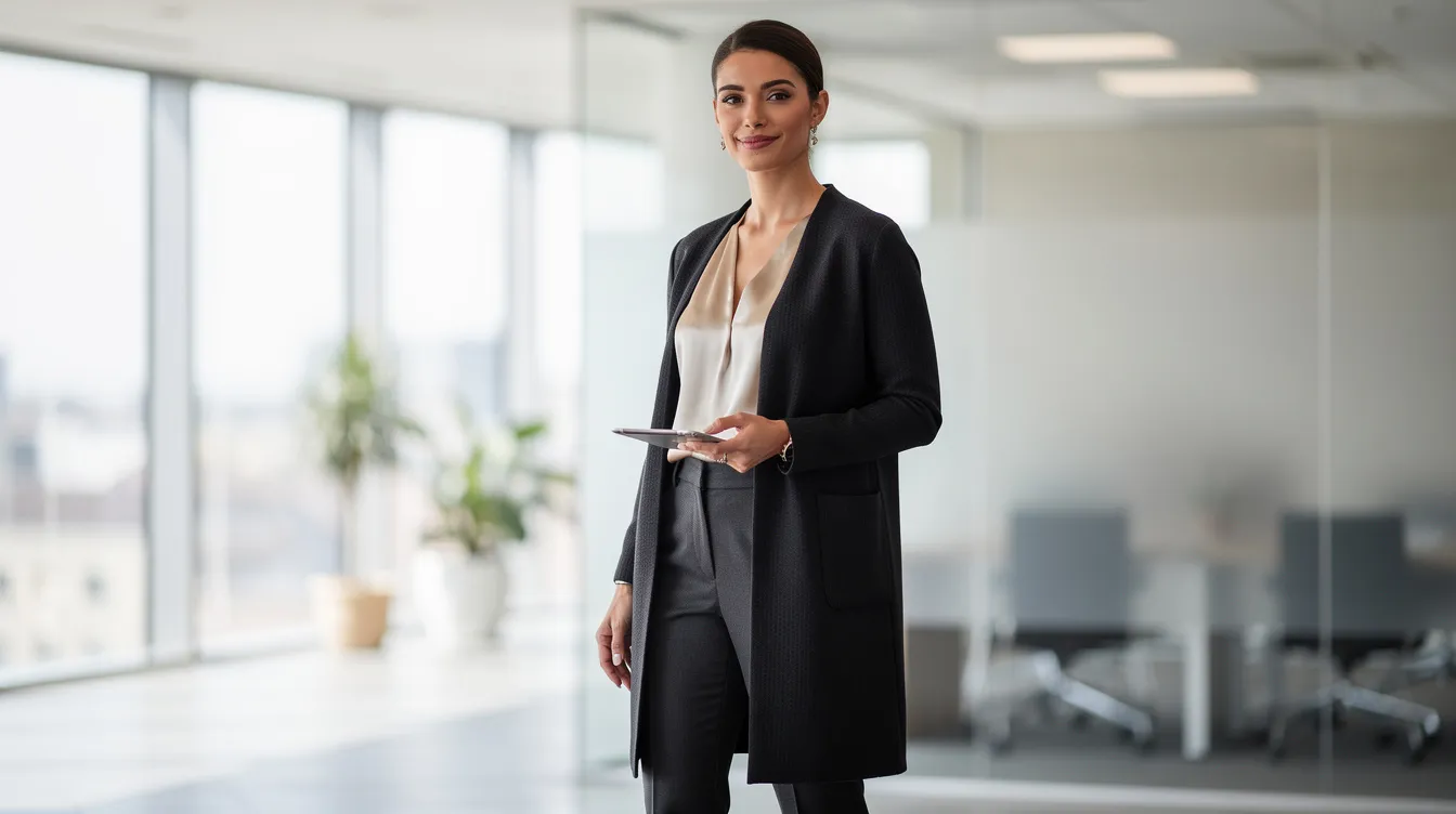 A woman is dressed in a dark structured long cardigan layered over tailored trousers and a silk blouse, creating a stylish and professional look suitable for the office. The outfit exemplifies comfort and warmth, making it a perfect addition to her wardrobe for the day.