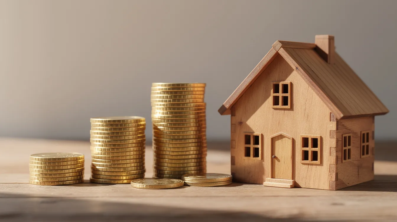 The image depicts a small wooden model house placed next to a stack of coins on a table, symbolizing real estate investment and finance. This visual represents key concepts such as property values, cash flow, and income producing real estate.