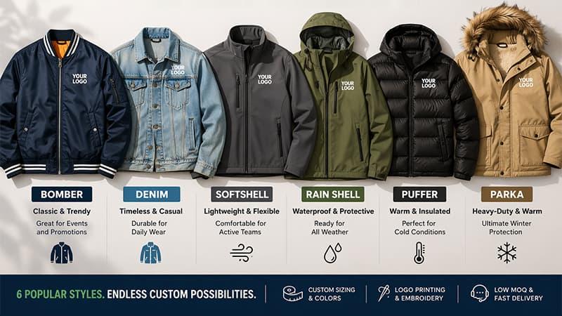 Types of jackets lineup showing bomber, denim, softshell, rain shell, puffer, and parka styles.