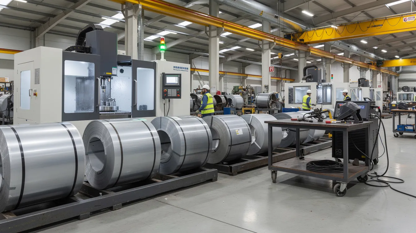 The image depicts a factory floor featuring cylindrical rolled steel shells arranged neatly beside a CNC milling machine and a welding station, highlighting a workspace dedicated to metal fabrication. The environment is busy and industrial, showcasing the machinery and materials used in manufacturing processes.