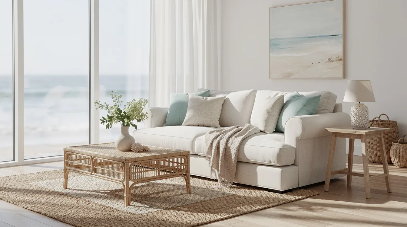 The image depicts a bright coastal living room featuring a cream-colored chaise sofa adorned with plush, feather-filled cushions, creating a relaxed feel. Natural materials and a contemporary design enhance the inviting atmosphere, making this space perfect for lounging and enjoying your favorite shows.