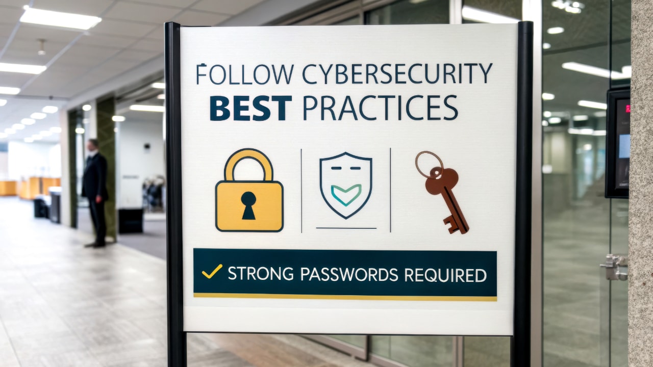 a sign showing cyber security best practices, strong passwords