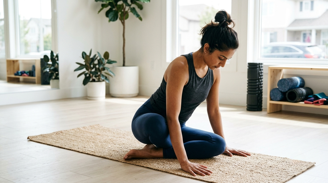 Woman stretching on a yoga mat in a home living room