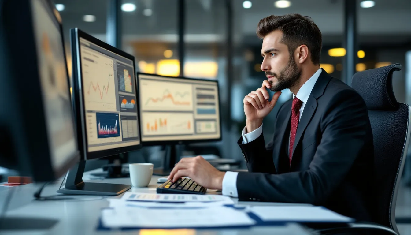 A professional hotel manager is intensely focused on analyzing revenue data displayed across multiple computer screens, utilizing various revenue management strategies to maximize hotel revenue. The screens show graphs and charts reflecting market trends, competitor pricing, and historical data, emphasizing the importance of effective data analysis in the hospitality industry.