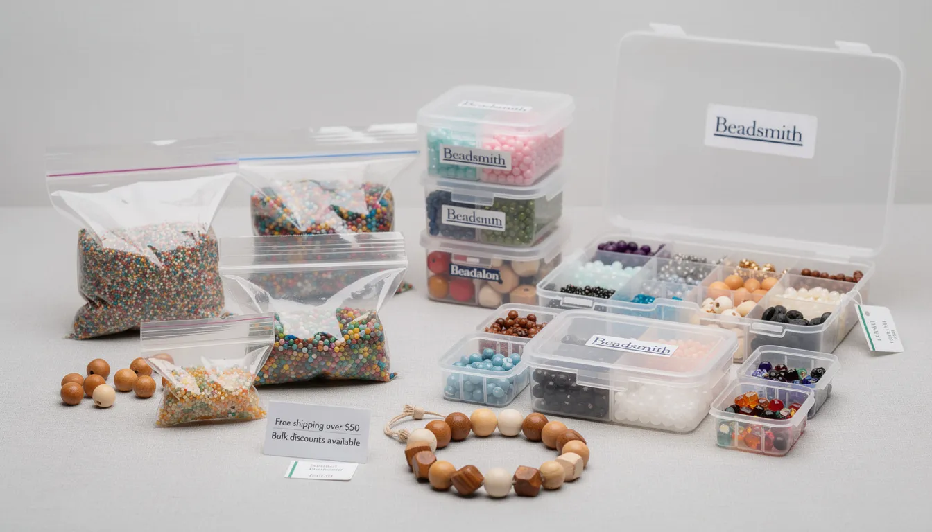 The image showcases a variety of bead storage options, including clear organiser boxes, stackable containers, and bags, all designed to accommodate different sizes of bead collections. These products, perfect for jewellery making, feature a range of colours and shapes, making it easy to find the ideal supplies for your creative needs.