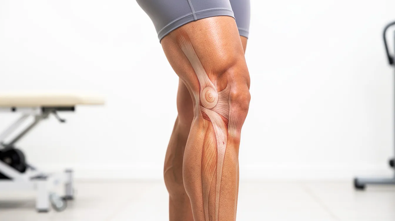 The image shows a side view of a person's legs in a clinical setting, focusing on the thigh and knee area, highlighting the contours and skin texture. This visual representation is relevant for discussions on inner thigh liposuction and the treatment of stubborn thigh fat.