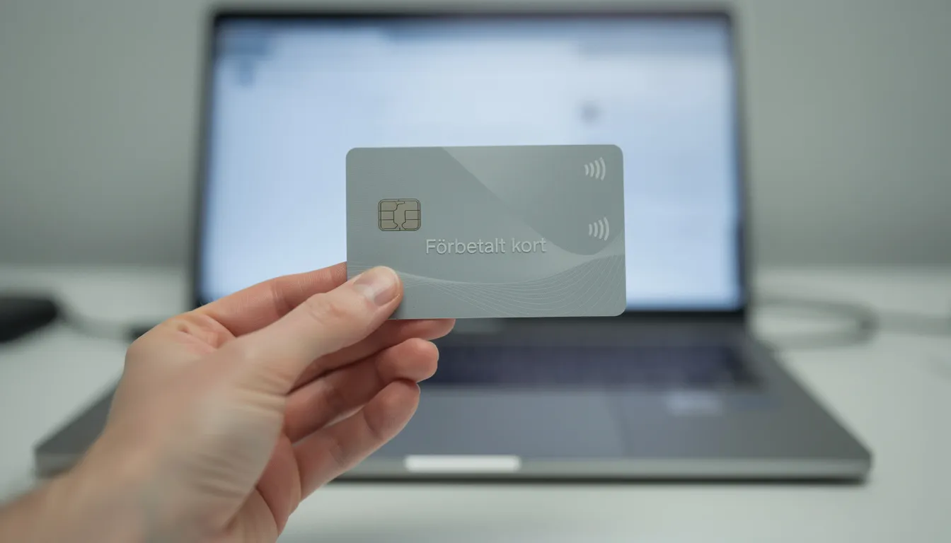 En hand håller ett förbetalt kort, som kan vara en paysafecard, framför en dator. Detta kort används ofta för insättningar på online casinon, vilket gör det enkelt att spela ansvarsfullt och hantera sina pengar.