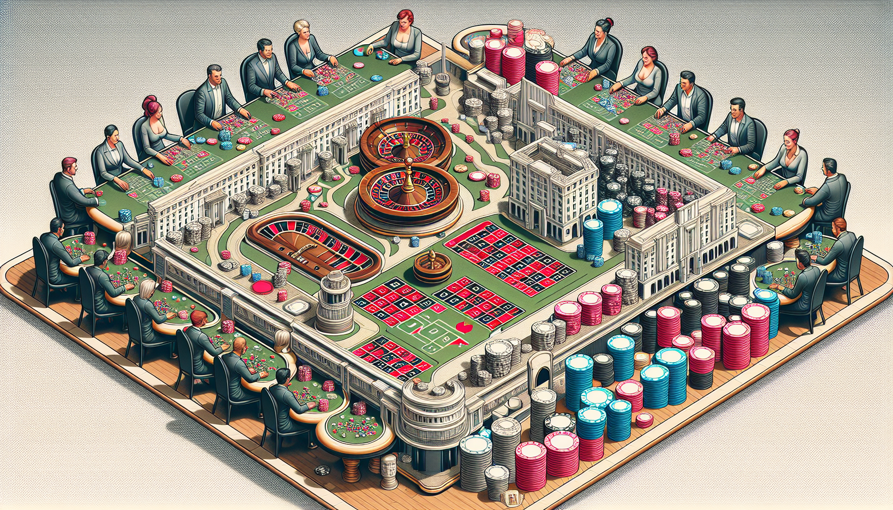 Illustration of a strategy board game with casino elements