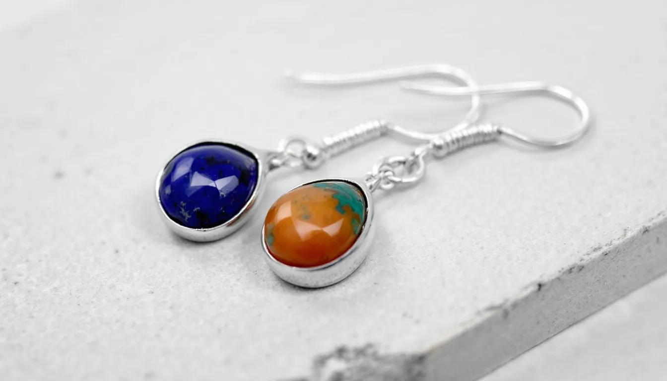 The image showcases a vibrant pair of semi-precious stone earrings featuring a mix of turquoise, emerald, and opal, elegantly set in gold-plated designs. These statement earrings add a splash of color and personality, perfect for any occasion, while the intricate details enhance their glamour.