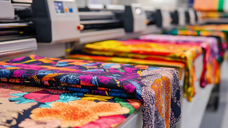 Colorful fabric on a sewing machine in a factory