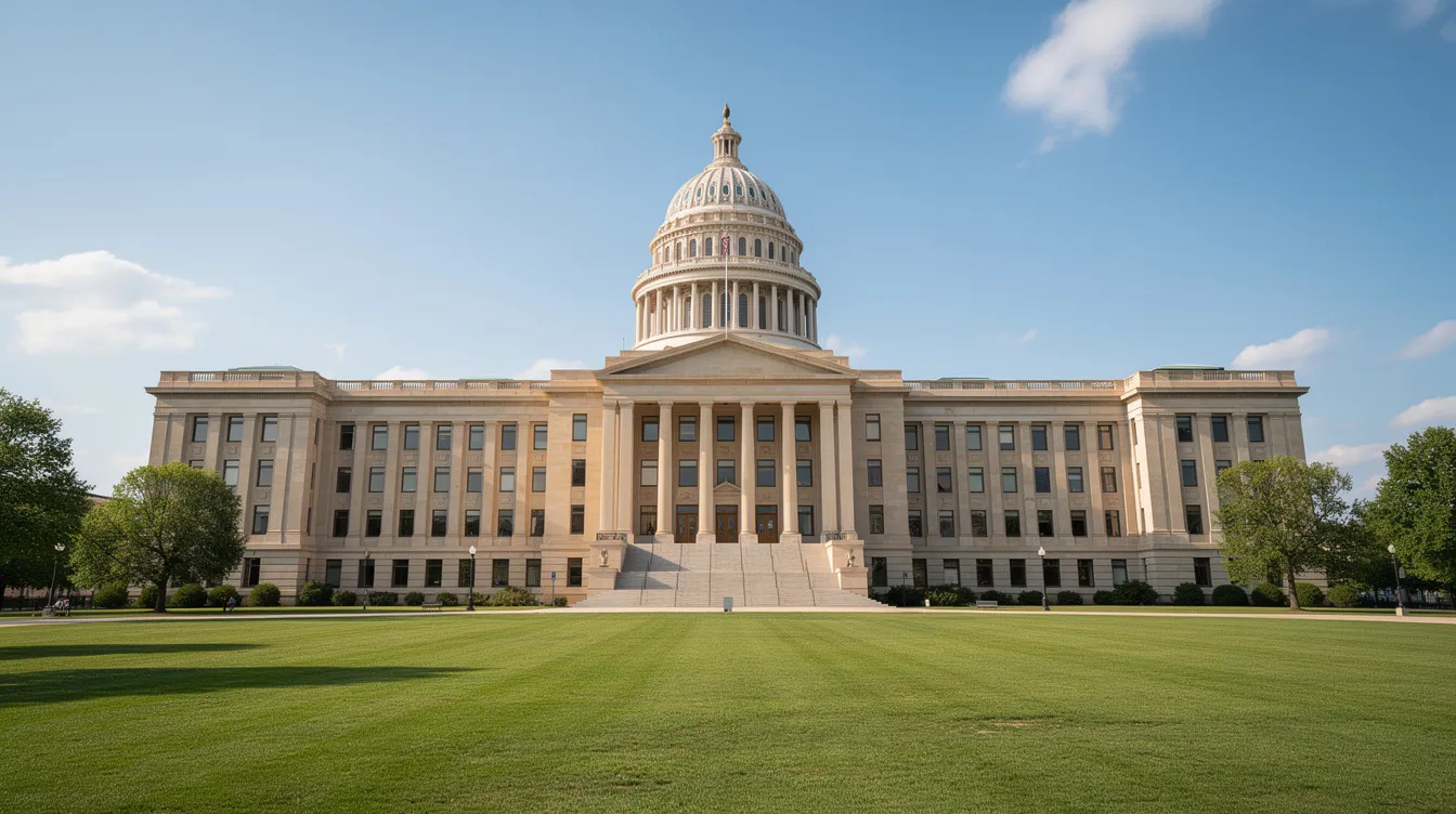 The image shows a large stone government building with grand columns and a prominent dome, set against a vibrant green lawn under a clear blue sky. This iconic structure represents the legal framework that governs matters such as hemp products and their legal status in Indiana.