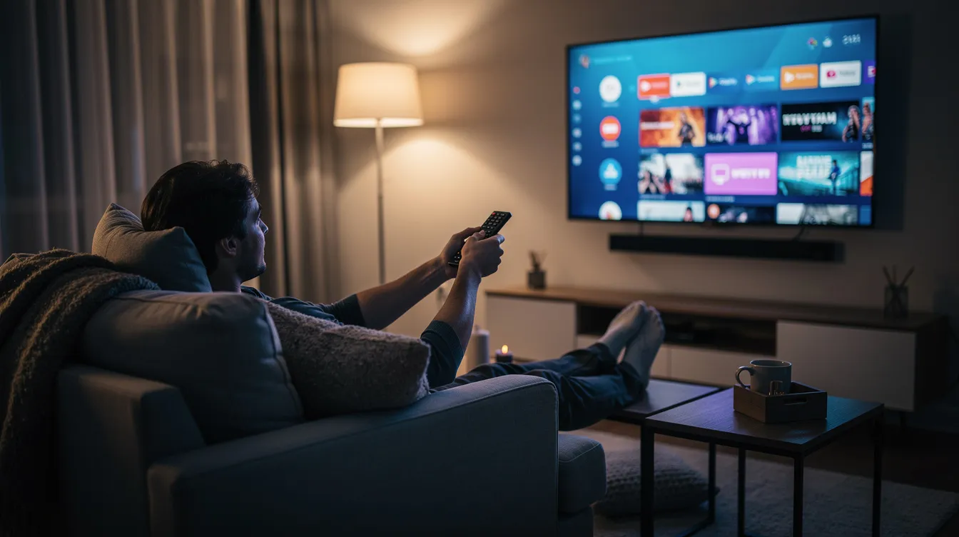 A person is comfortably lounging on a couch, using a remote control to navigate a large smart TV displaying various live TV channels in a softly lit room. The scene captures the essence of modern entertainment with internet protocol television (IPTV) services, providing access to premium content and high-quality streaming.