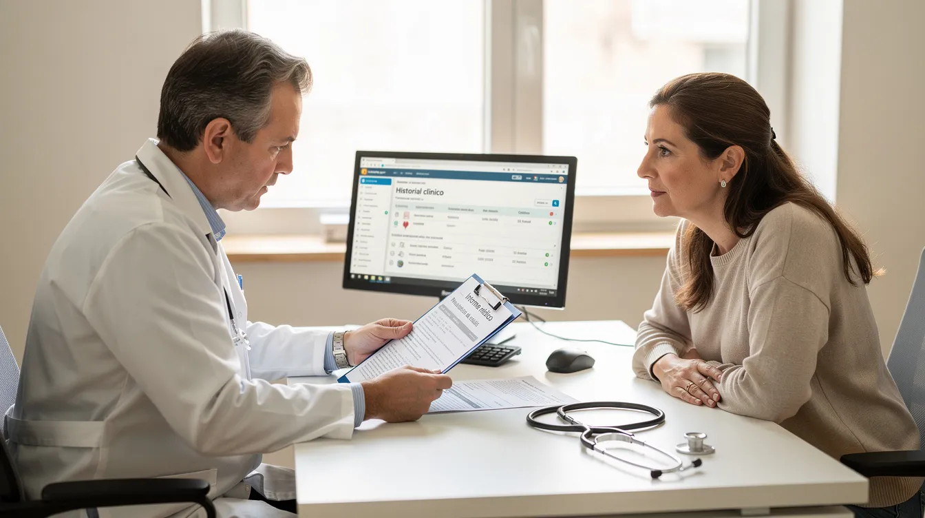 Un profesional médico, vestido con bata blanca, revisa documentos en una consulta con una paciente, quien parece interesada y escucha atentamente. La conversación probablemente gira en torno a el proceso de recuperación tras una labioplastia y las instrucciones necesarias para una buena cicatrización.