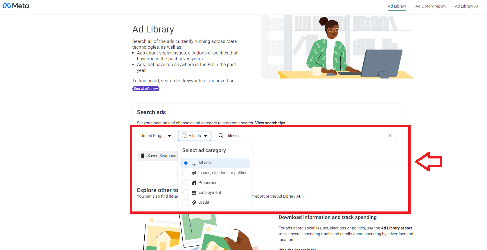 Meta Ads library to get competitor ad copy and see what’s working for UK dropshipping.   You can set the region you are interested in, select an ad category, and type in a keyword.