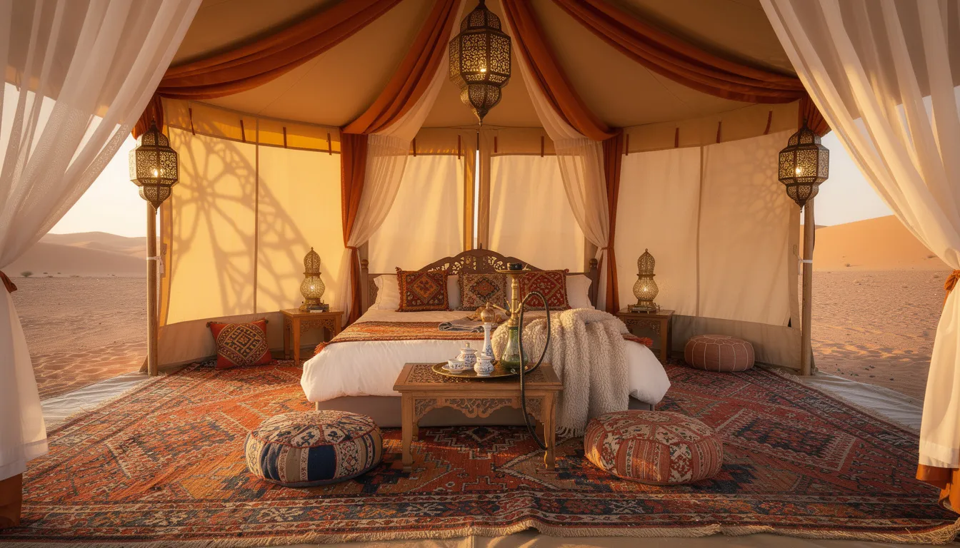 The image depicts the interior of a luxury desert tent, featuring ornate Moroccan lanterns casting a warm glow, colorful carpets underfoot, and inviting twin beds with plush bedding, creating a comfortable oasis in the Sahara desert. This luxurious setup is perfect for guests seeking a unique desert experience amidst the stunning backdrop of sand dunes.