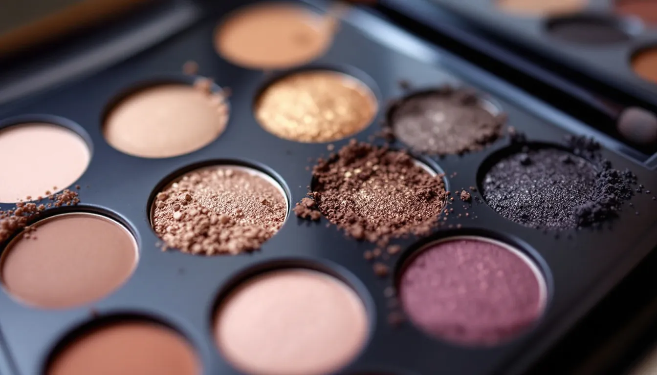 An eyeshadow palette is displayed alongside a brush, showcasing a gradient from natural to dramatic shades on the eyelid. This image highlights the potential for enhancing eye makeup looks, which can be complemented by applying eyelash serums for fuller lashes and a more defined lash line.