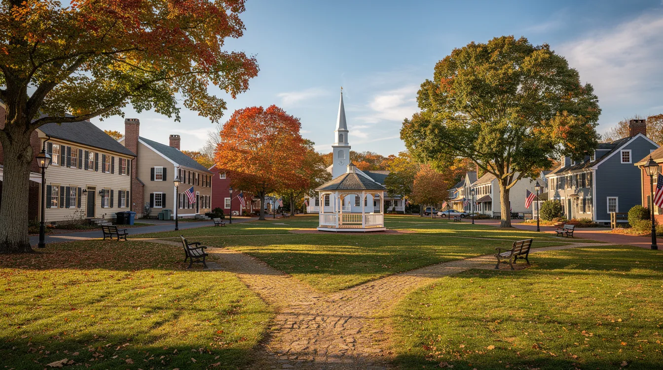 The image depicts a charming coastal town green in New England, surrounded by historic colonial buildings and mature trees, showcasing the small town charm and rich history of the area. This picturesque setting invites families to explore its vibrant arts scene and enjoy recreational activities in the beautiful surroundings.