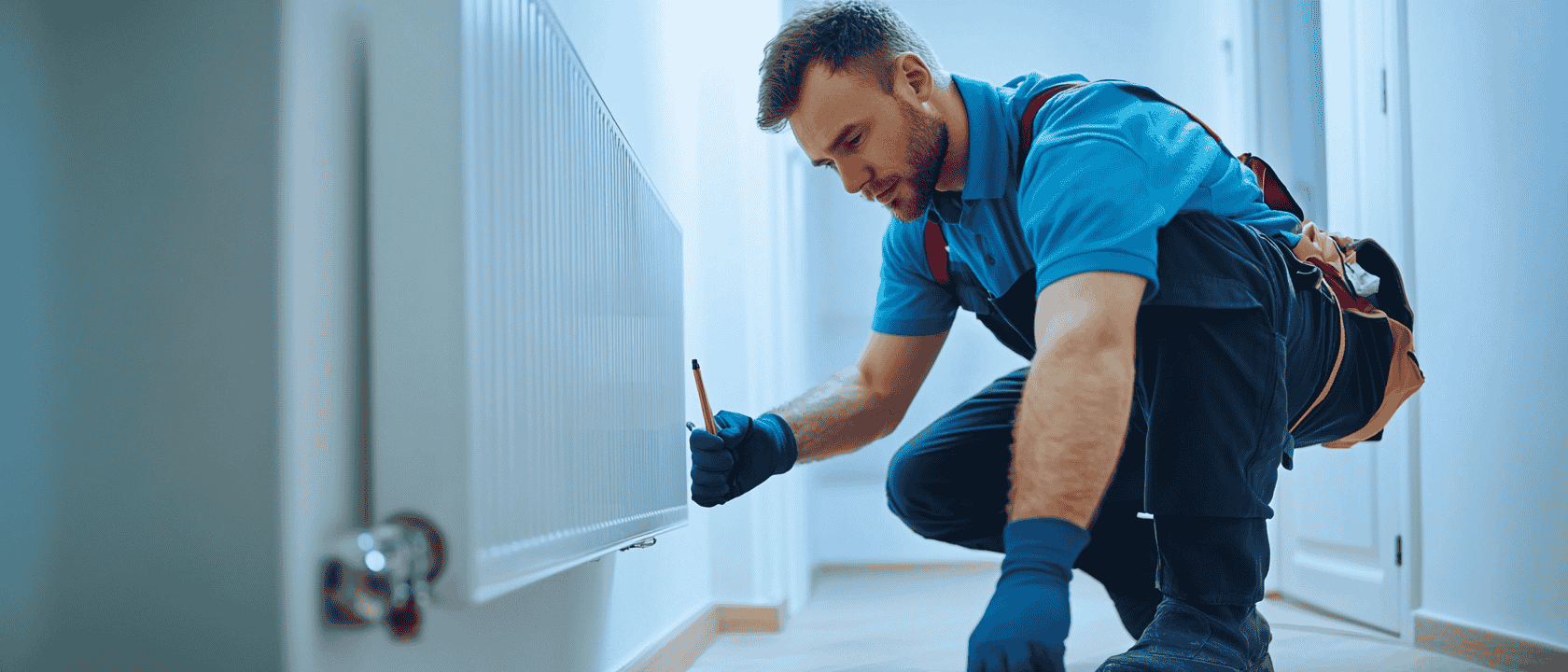 A professional heating engineer assessing a central heating system.