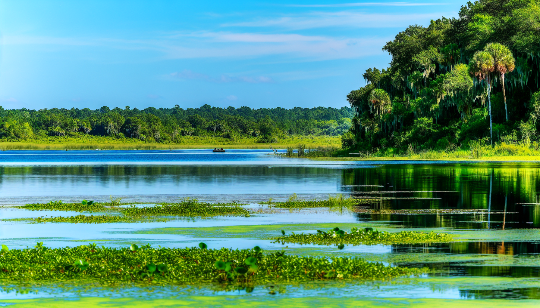 A serene lake with green vegetation, ideal for bass fishing in Florida