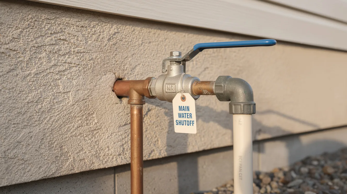 The image shows a main water shutoff valve mounted on the exterior wall of a house, a crucial component of the home's plumbing system for managing water supply. This valve is essential for homeowners to know in case of a plumbing emergency, such as burst pipes or major leaks, allowing for immediate action to prevent further damage.