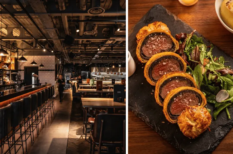 A split view displaying a modern, industrial-style restaurant dining space on the left, and a classic, perfectly sliced Beef Wellington with a side salad on the right.