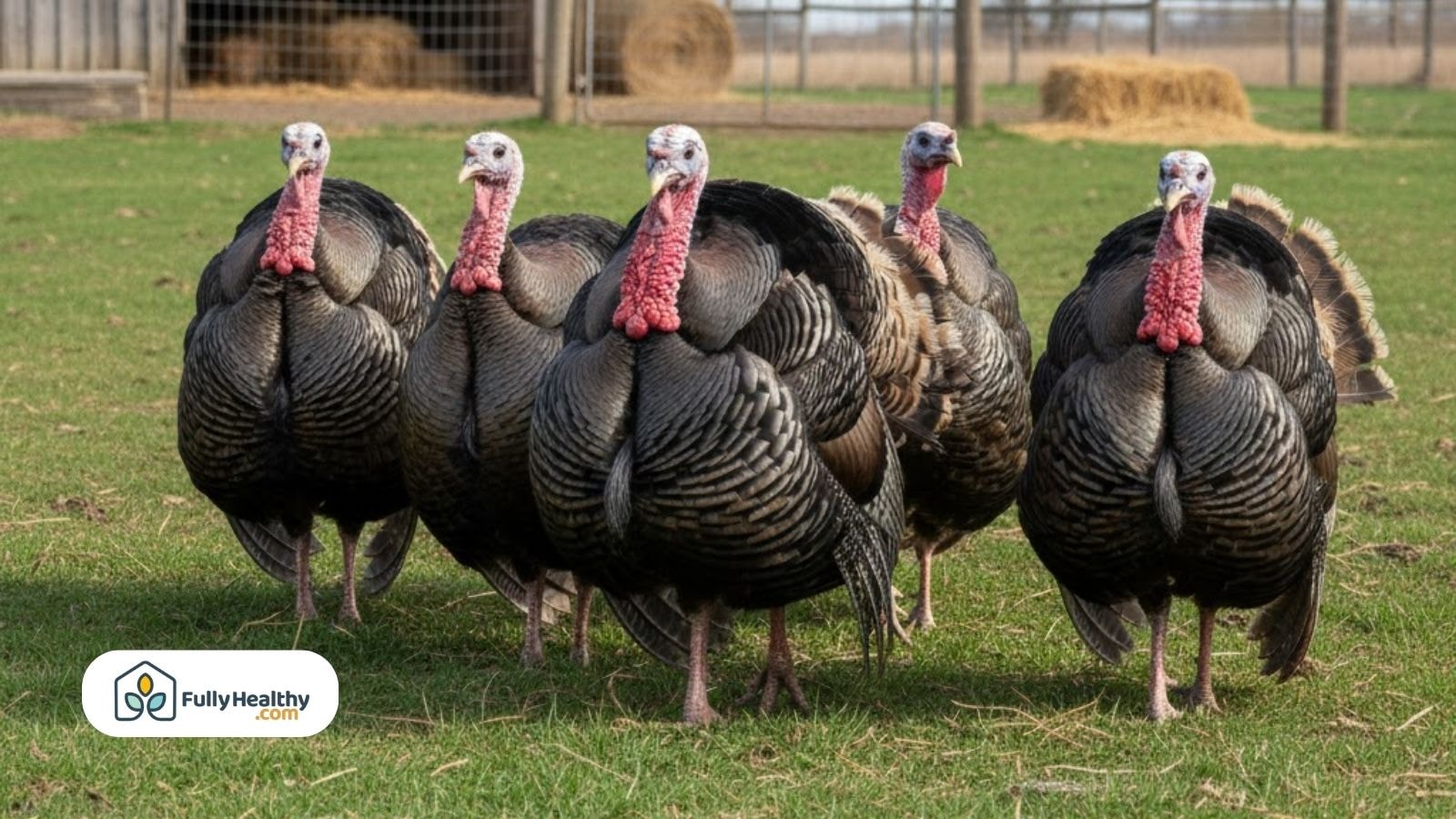 Group of domestic turkeys standing on grass near a farm enclosure during daylight.