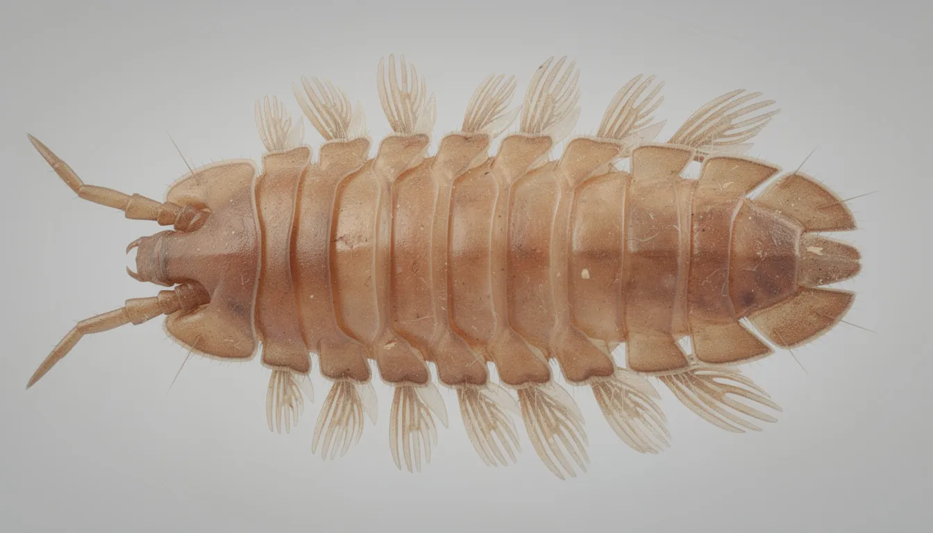The image showcases a detailed view of a terrestrial isopod's underside, highlighting its segmented body structure and respiratory pleopods. This close-up reveals the intricate anatomy of the isopod, including jointed legs and gills, essential for its ecological role as a decomposer in terrestrial ecosystems.