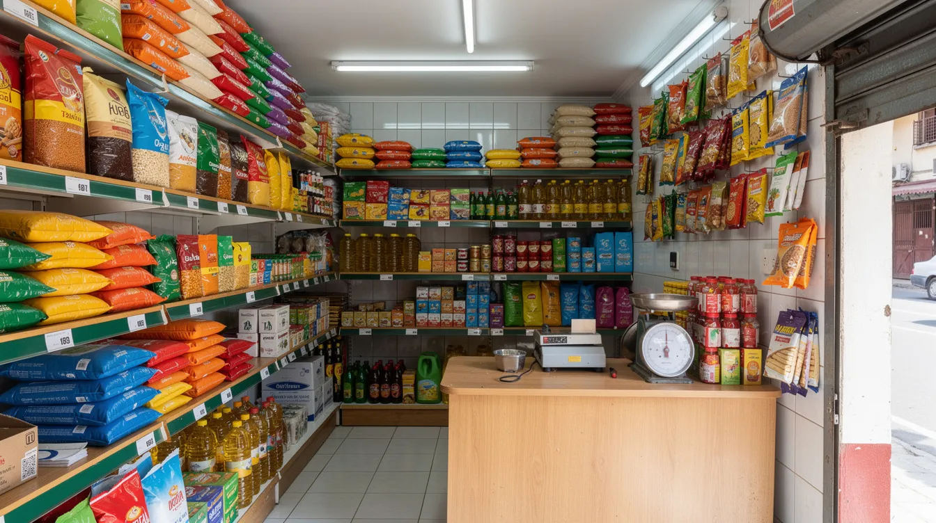 5681f1e5 f5e6 4de6 942c 7528a9868c70 The image depicts a small kirana grocery store, showcasing neatly stacked shelves filled with various products, creating an organized and inviting shopping environment for customers. This well-arranged space highlights the importance of effective project logistics details and business planning for small business owners seeking financial support through loans like the mudra loan.