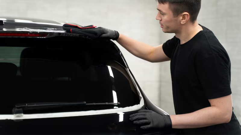 A car owner cleaning tinted window with microfiber towel 