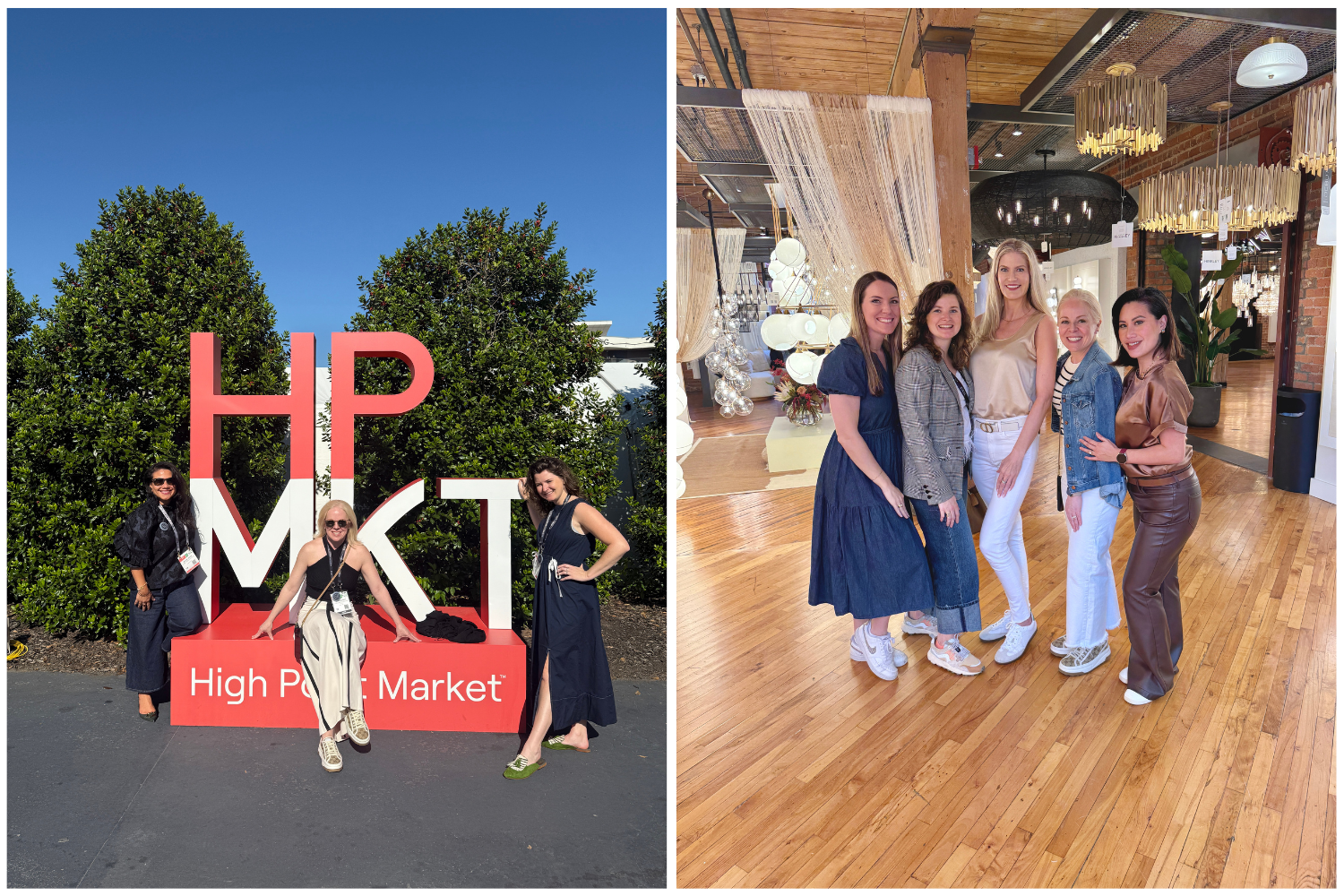 the Laura U Design Collective team outside at HPMKT in the natural light by the sign and the team indoors surrounded by reflective surfaces and lighting